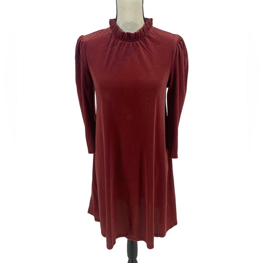 Long Sleeve High Ruffle Neck Velvet MIDI Dress - Wine Red - size Small